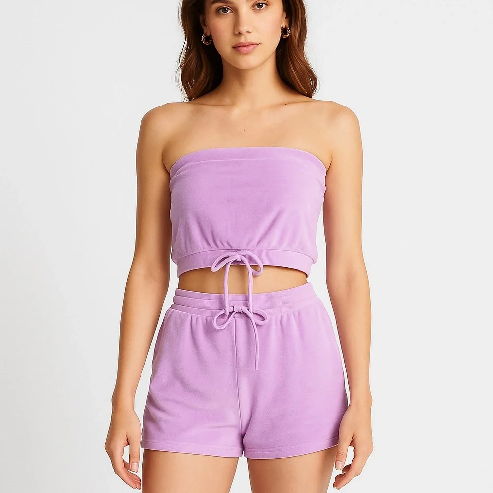 Lavender Strapless Drawstring Crop Top/short set - Women L NWT - Picture 1 of 10